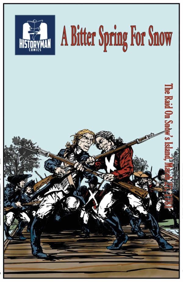 Two soldiers in 18th-century uniforms duel with rifles as others fight in the background. Product: A Bitter Spring For Snow.
