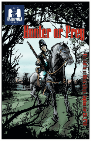 Comic cover shows a soldier on horseback in a forest with the title Hunter or Prey in red text.