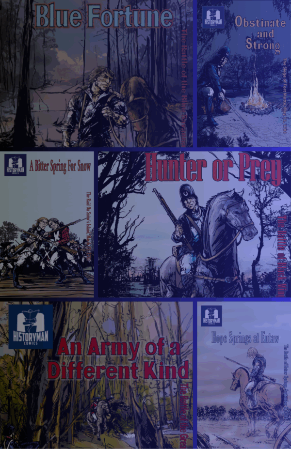 Six illustrated book covers featuring mounted soldiers in various landscapes and bold, colorful titles.