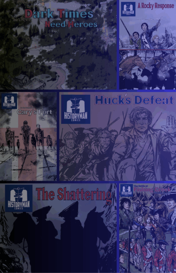 Collage of illustrated Historyman comic book covers featuring dramatic historical scenes and bold, colorful titles.