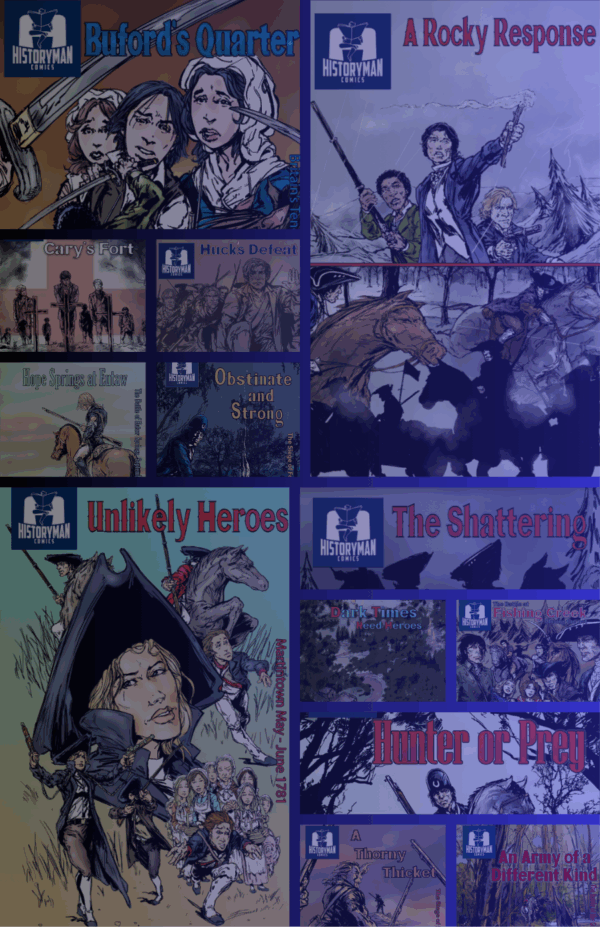 A collage of comic book covers with historical themes and dramatic scenes, featuring the Educator Bundle.