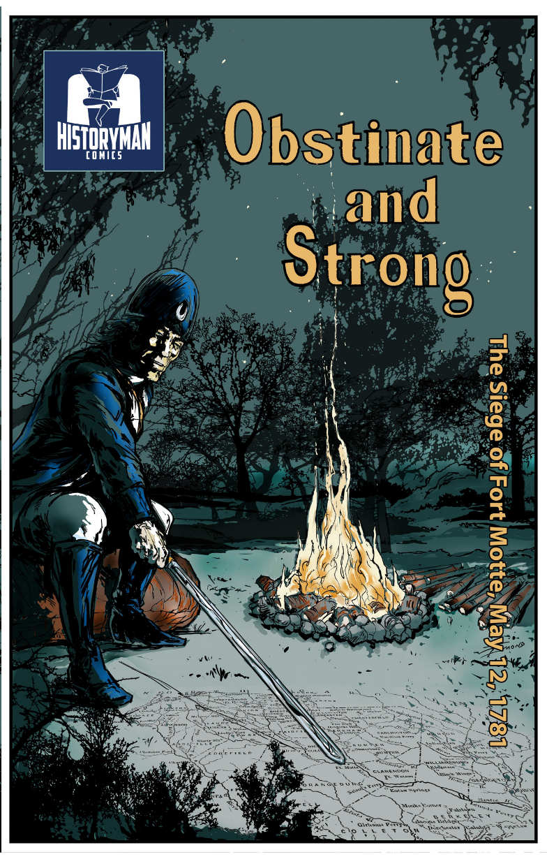 A soldier crouches by a campfire at night, studying a map; text reads Obstinate and Strong.