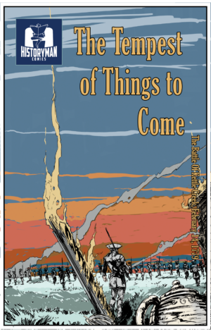 A soldier stands near a shattered fence as armies face off under a dramatic sunset sky; comic book cover.